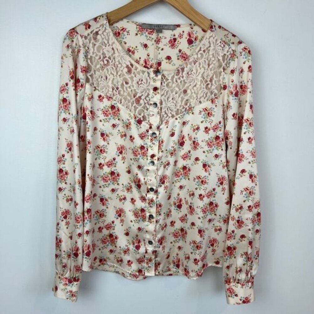 Guess Women's Small White Pink Floral Lace Detail Button Down Shirt Top Romantic